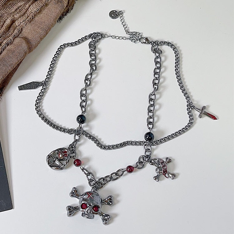 Silver Beaded Punk And Skeleton Necklace Decorated
