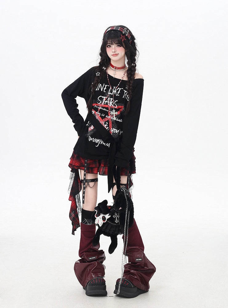 トップス ブラック アシンメトリーネックライン スター グラフィティプリント ルーズ