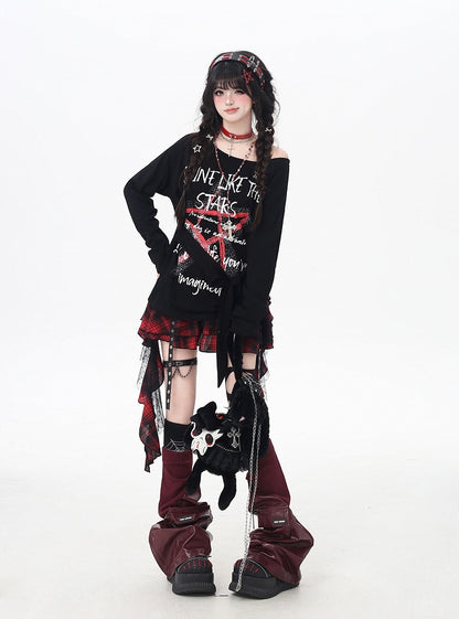 トップス ブラック アシンメトリーネックライン スター グラフィティプリント ルーズ
