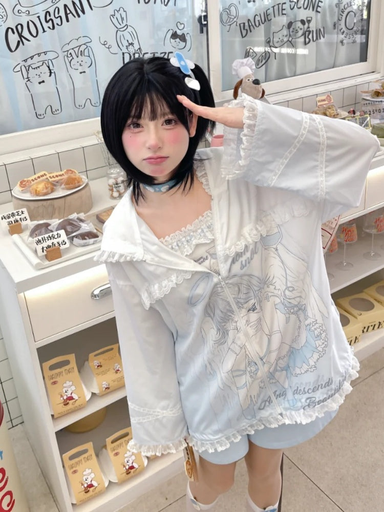 日焼け防止フード付き青と白のアニメガールプリントフリル裾ジャケットレース