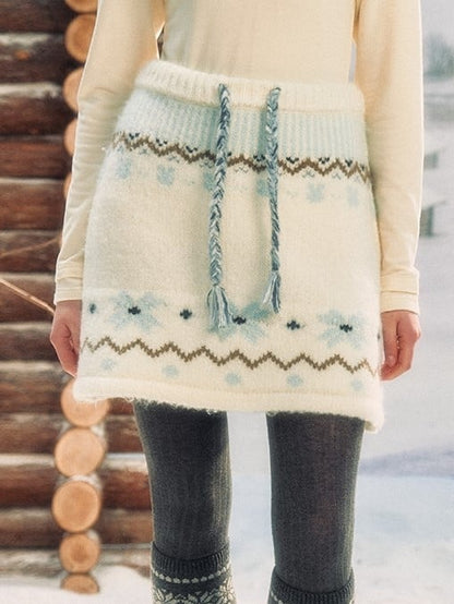 Pattern Knit White Vintage Skirt Snowflake