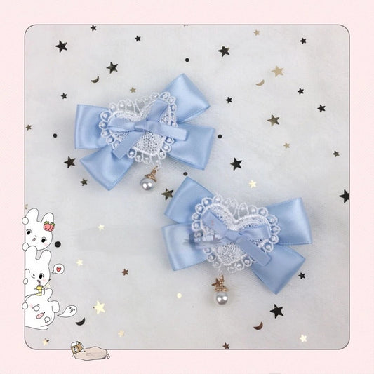 Lace Satin Heart Clips Hair (Pair) Pearl Drop