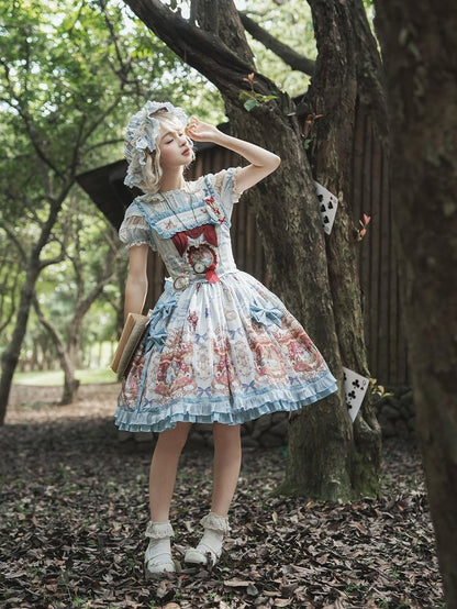 Alice in Wonderland Style Azure Sweet Skirt with Detachable Bow Ribbons - Forest Fairy Tales