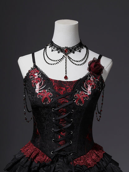 Black Red Gothic Corset Top and Skirt Set with Choker - Xiong Dou Jiang