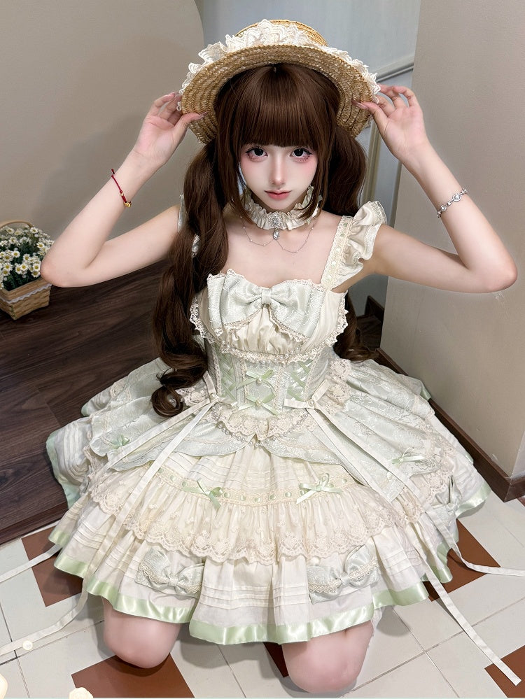Beads Flutter Sleeves Balletcore Sweet Lolita Jumper Mint Bowknots Skirt and Green Decoration