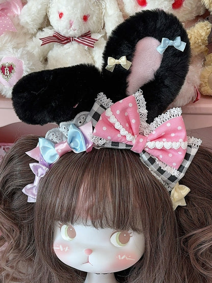 Pattern Polka-dot Black/BluePink Details Bunny Size Ear Thicken Version KC Plush Bowknot Large And Plaid