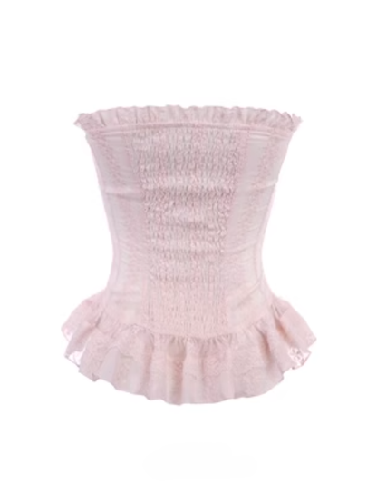 Ruffled  Detachable Bow Lace Bustier Corset With Floral Embroidery Pink