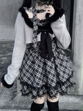 Plaid Heart Jirai Gray Two-Piece - with Crop Fuzzy Belt Trim Cami Top Kei Dress Set Buckle