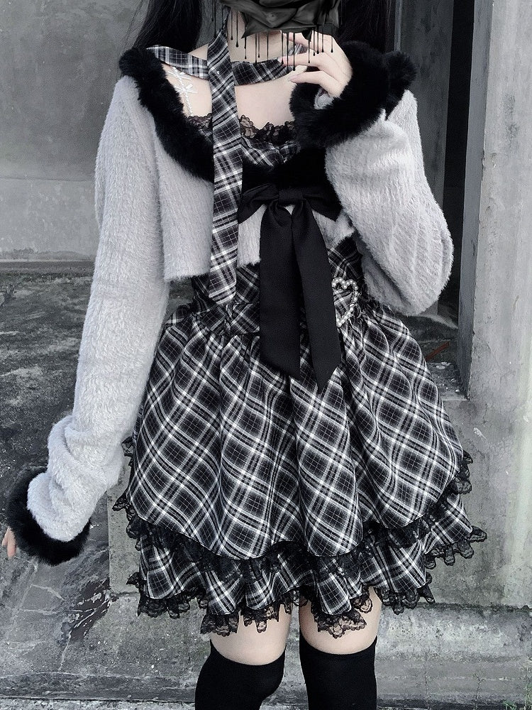 Plaid Heart Jirai Gray Two-Piece - with Crop Fuzzy Belt Trim Cami Top Kei Dress Set Buckle