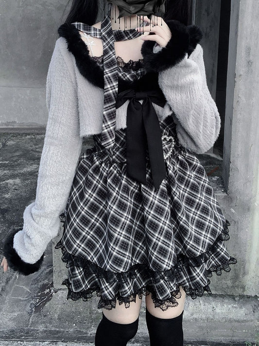 Plaid Heart Jirai Gray Two-Piece - with Crop Fuzzy Belt Trim Cami Top Kei Dress Set Buckle