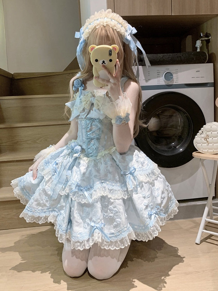 Blue Lolita Bow JSK Jacquard Apricot Doll-Style Lace Dress Floral with