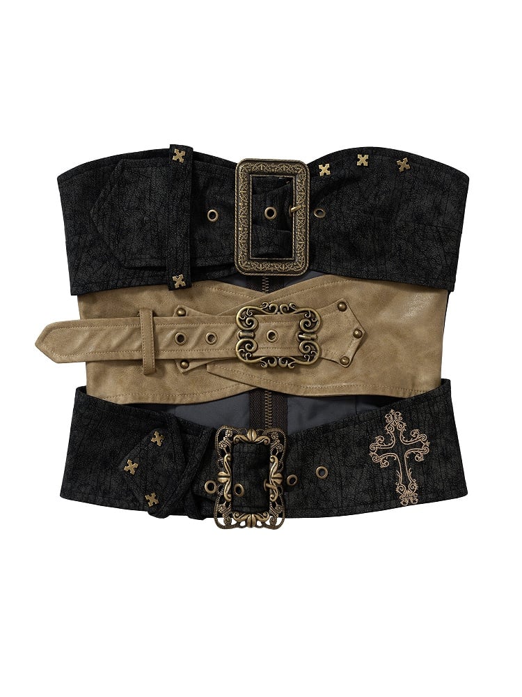 Punk Rococo Yellow Three-Strap Cross Metal Buckles with Black Embroidery Bustier