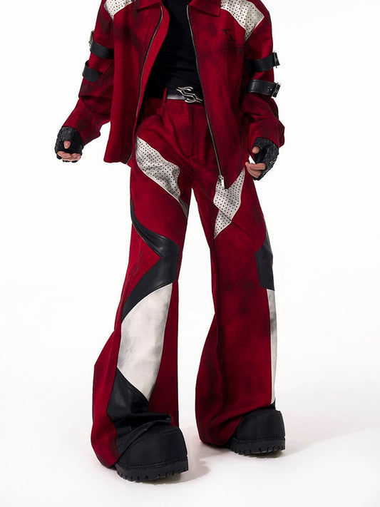 Design Leather Wide-leg Panel Pants Men's Red with