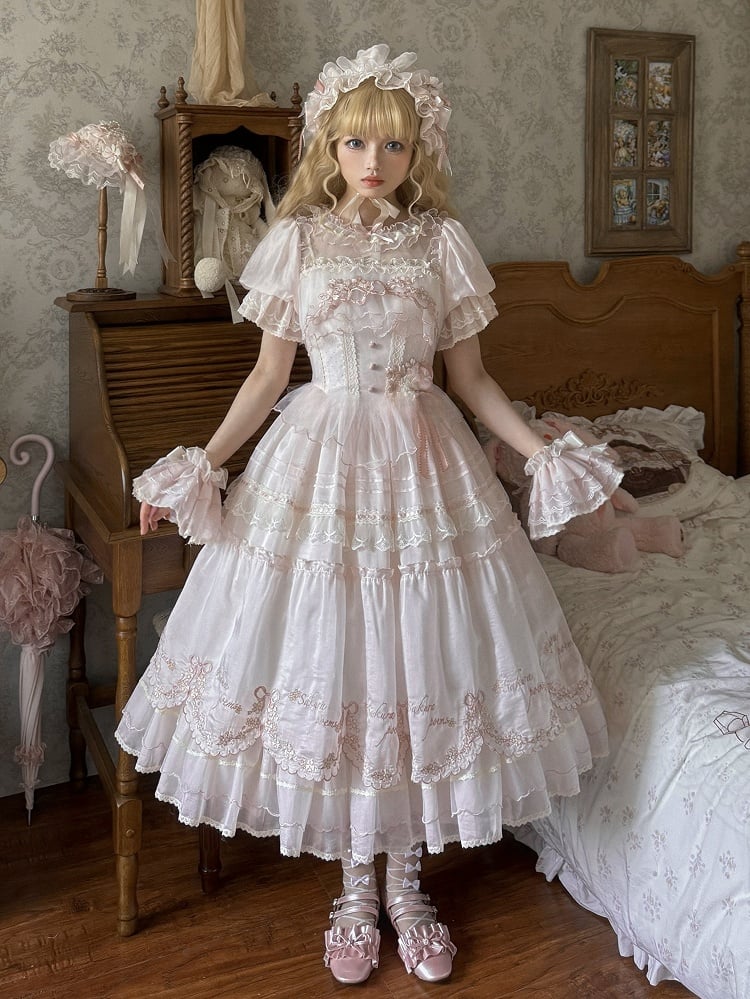 Lolita-Ärmel, rosa, kurzes Kleid, Kirsche, zarte Prinzessinnenblüten-Stickerei