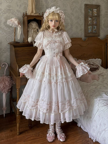 Lolita-Ärmel, rosa, kurzes Kleid, Kirsche, zarte Prinzessinnenblüten-Stickerei