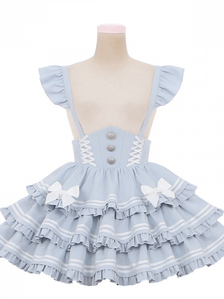 Overalls Light Flutter Sleeves Bow Accents Tiered Skirt Sweet Blue Lolita Dress
