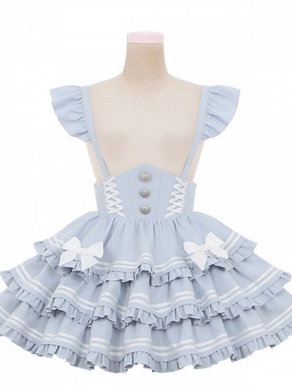 Overalls Light Flutter Sleeves Bow Accents Tiered Skirt Sweet Blue Lolita Dress