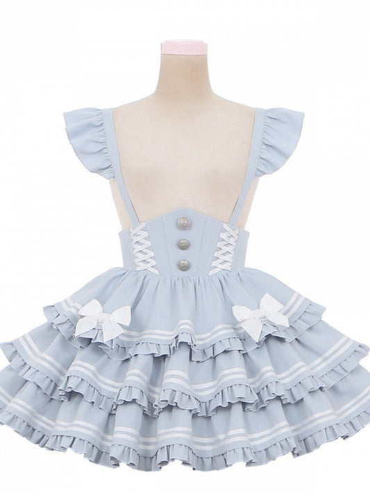 Overalls Light Flutter Sleeves Bow Accents Tiered Skirt Sweet Blue Lolita Dress