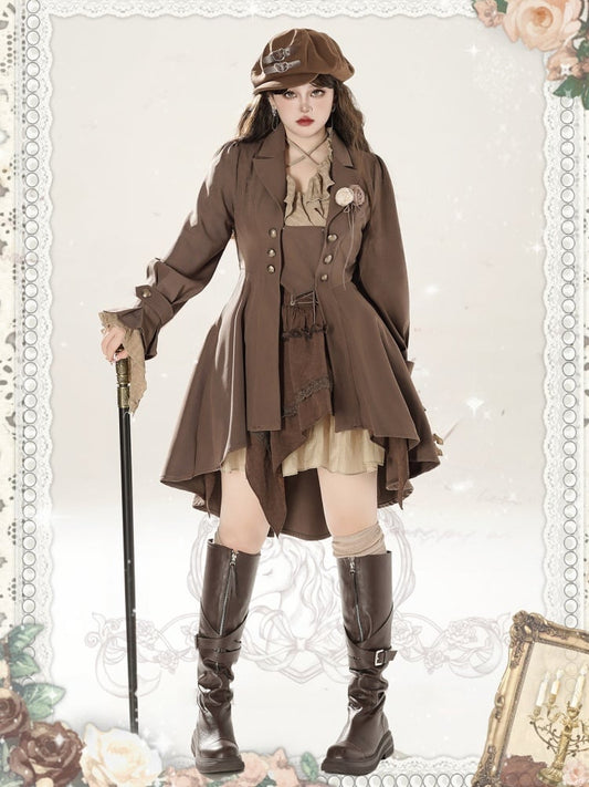 プラスサイズ ブラウン ハイローヘムラインコート