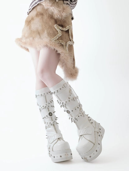 Platform Knee-Length Sole Accents Cross - White Punk with Boots