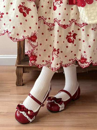 Romantic Heart Bow, Lace Trim & Scalloped Trim Details Red Low-heel Shoes in Classic Lolita