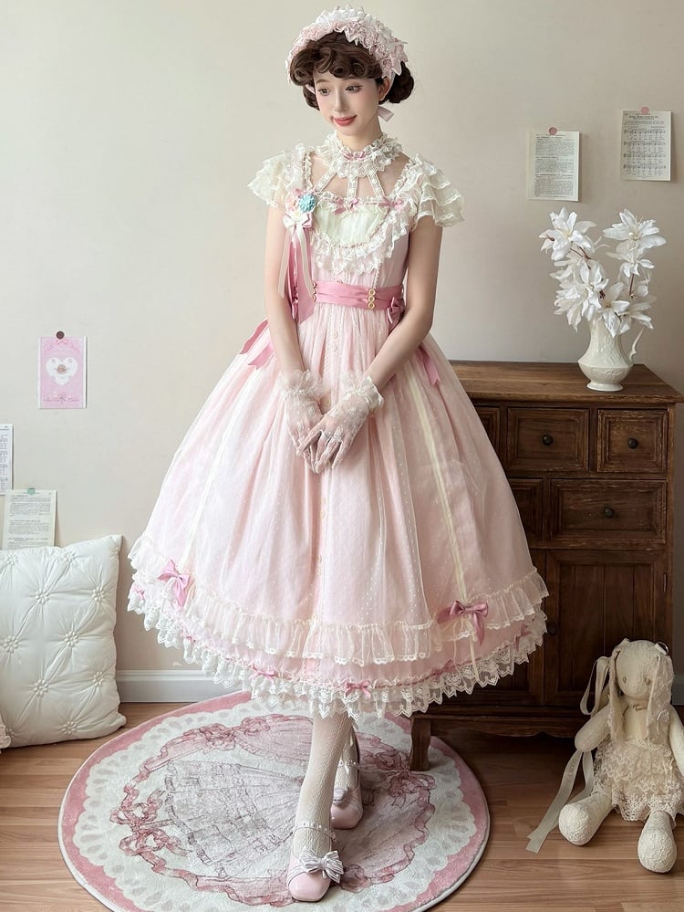 Pink with Bow Details Version Lolita Elegant Classic Dress Lace Long and