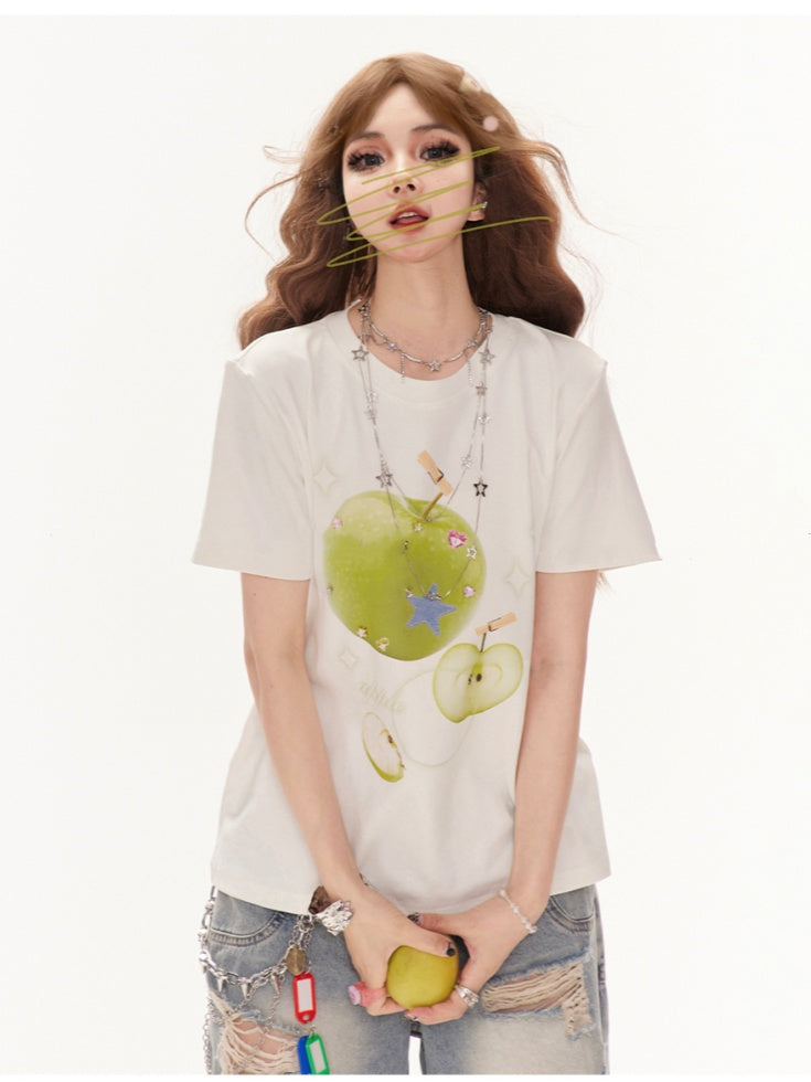 装飾Tシャツ グリーンアップルプリント ホワイト ラウンドネック ラインストーン