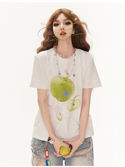 装飾Tシャツ グリーンアップルプリント ホワイト ラウンドネック ラインストーン