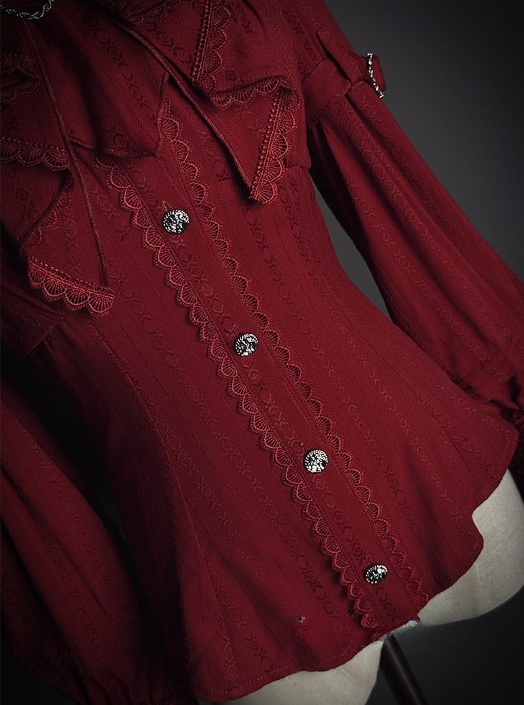 Ruffled Tie Bow Lace and Red with Neckline Lolita Blouse Long-sleeved Details
