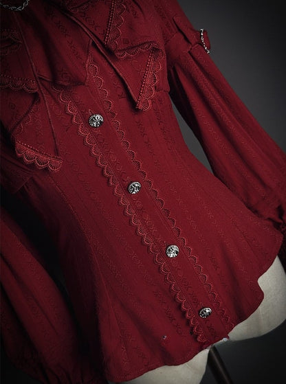 Ruffled Tie Bow Lace and Red with Neckline Lolita Blouse Long-sleeved Details