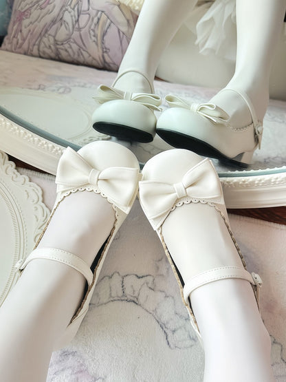 Low-heel Trim with Sweet Bow Mary Lolita Scalloped Accent White Janes