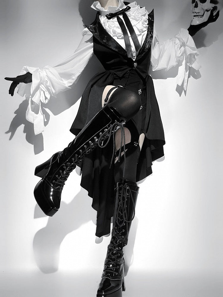 Stiefel Kniehoch Schnürung vorne Schwarz Blockabsatz Plateau Hochglanz Gothic