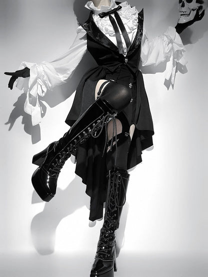 Stiefel Kniehoch Schnürung vorne Schwarz Blockabsatz Plateau Hochglanz Gothic