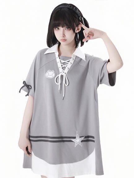 and Neckline Star Gray Lace-up Applique Bunny Dress Loose
