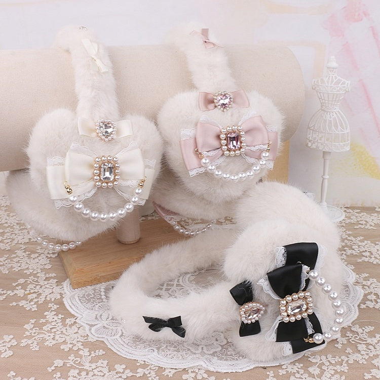 3 Earmuffs Bowknot Plush Options Jirai Rhinestone Pearl Color Kei