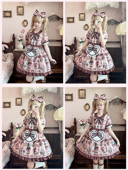 Piece Pink Lolita Dress One Vintage Teddy Bear Print Sweet Light