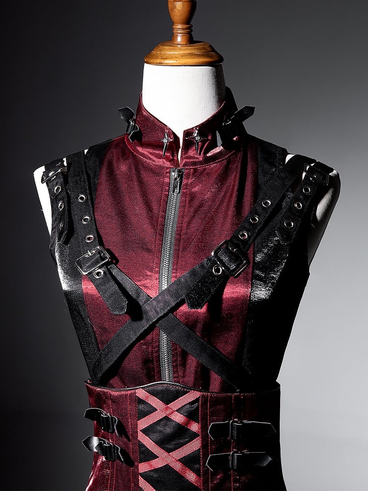 レッドパンクトップ、ブラックノースリーブ、ファッション