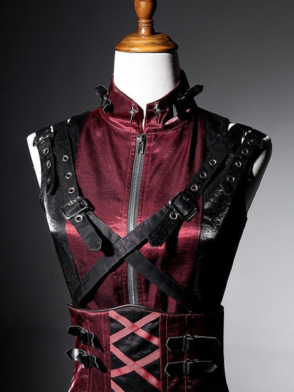 レッドパンクトップ、ブラックノースリーブ、ファッション