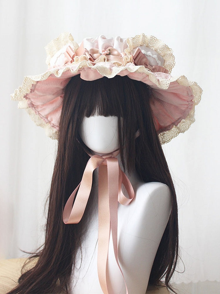 Bear Lace Accents and Pink Trim Bow Ear Lolita Hat with