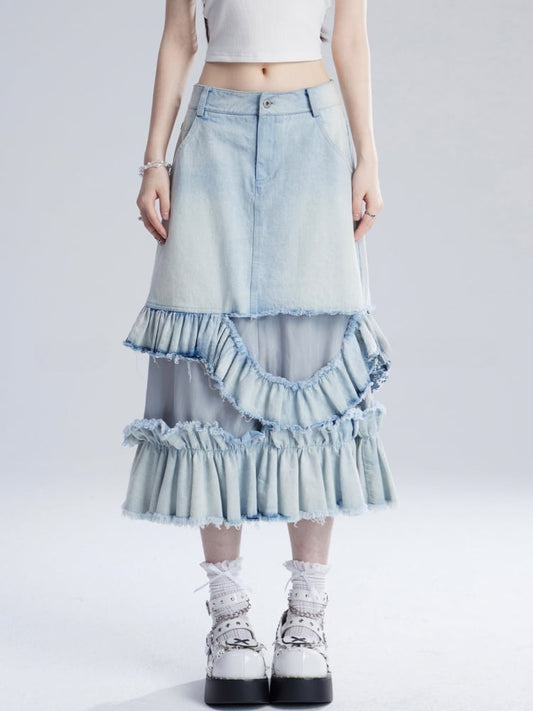 Jeansrock mit Taille, gestufte Rüschen, asymmetrisch, verblasste Waschung, blau, niedrig