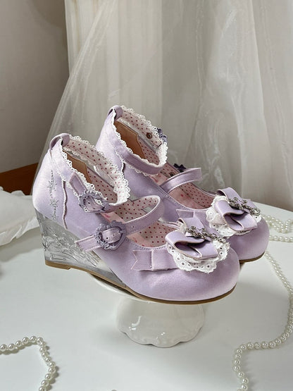 Purple Snow Theme Embossed Slope Heel Shoes with Bow Details - Vintage Sweetheart