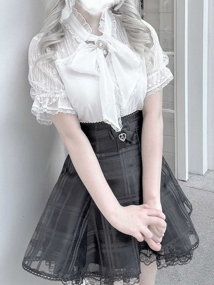 Chiffon and Details White Neckline Lace Blouse Style Bead Jirai with Bow Self-tie Kei