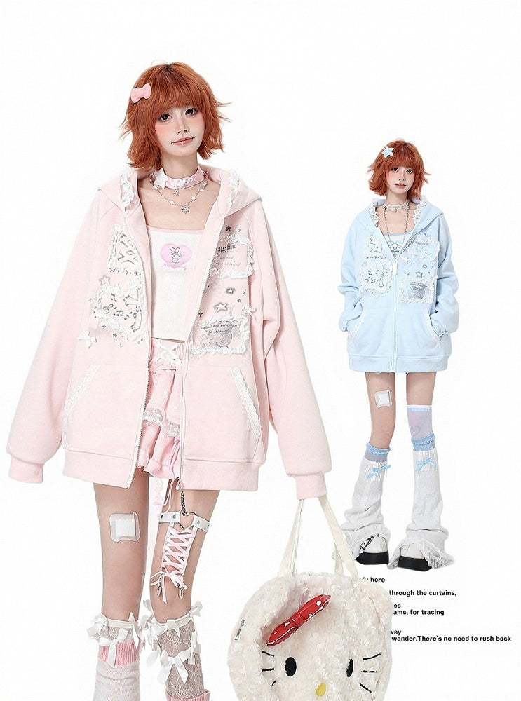 Blue Lace Trim Hoodie with Print - CRAZY GIRL