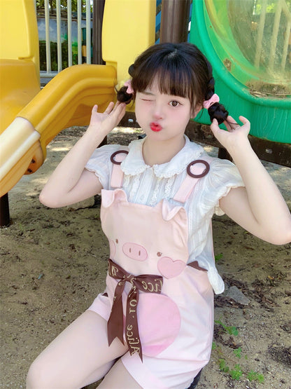 Adorable Piggy Pattern Bubble Shorts Overalls Pink