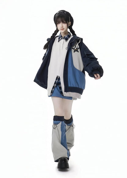 Blaue Jacke mit Colorblock-Stern-Applikation