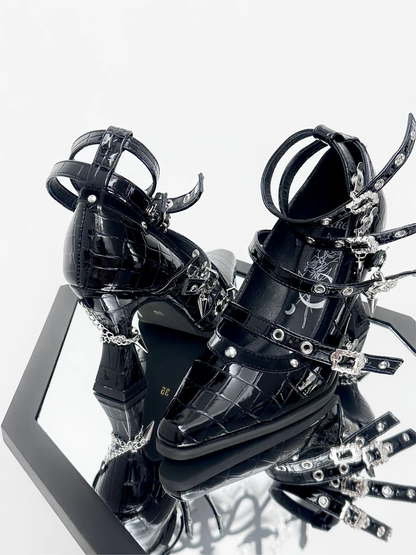 in Schnalle Leder Faux Poliert 8,5 cm Gothic Heel Hohe Krokodil Mehrere Heels Riemen mit Schwarz