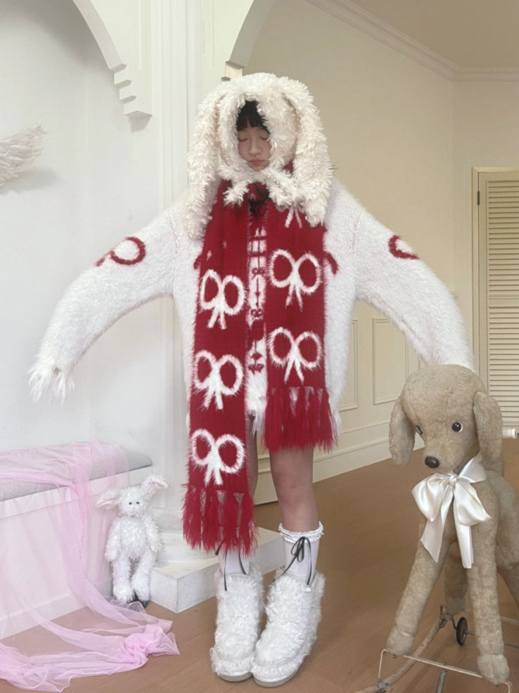 Long Fringe Scarf with Bow Pattern Festive Christmas Red
