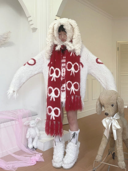 Long Fringe Scarf with Bow Pattern Festive Christmas Red