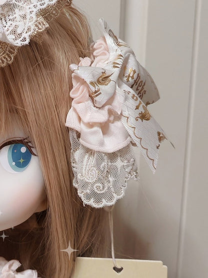 Multi-Layer Light Print Golden with and Lolita Hairclip Lace Bowknot White Sweet Pink