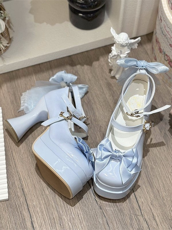 Decorative Platform Sky Bows Sweet Lolita Blue with in Round-Toe Mary Janes High-heel